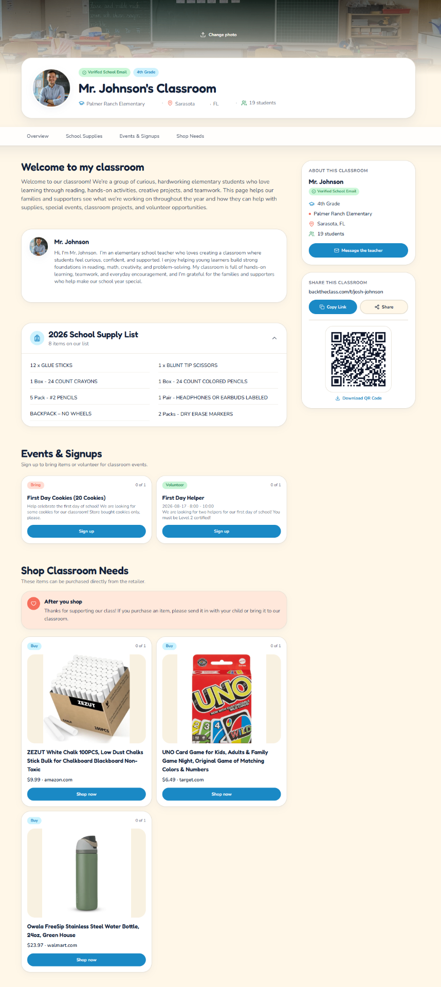 Example Back The Class teacher page showing classroom photo, supply list, event signups, and shop needs